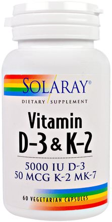 Vitamin D-3 & K-2, 5000 IU, 60 Veggie Caps by Solaray-Vitaminer, Vitamin D3, Vitamin K