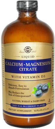 Calcium Magnesium Citrate, with Vitamin D3, Liquid, Natural Blueberry Flavor, 16 fl oz (473 ml) by Solgar-Kosttillskott, Mineraler, Kalcium