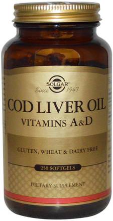 Cod Liver Oil, Vitamin A & D, 250 Softgels by Solgar-Kosttillskott, Efa Omega 3 6 9 (Epa Dha), Torskleverolja