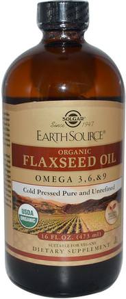 Earth Source, Organic Flaxseed Oil, 16 fl oz (473 ml) by Solgar-Kosttillskott, Efa Omega 3 6 9 (Epa Dha), Linfröolja