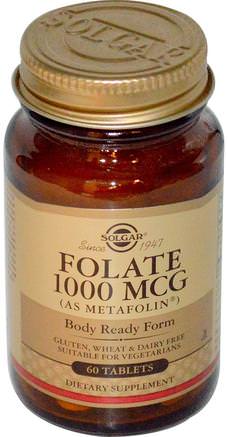 Folate, As Metafolin, 1000 mcg, 60 Tablets by Solgar-Vitaminer, Folsyra, 5-Mthf Folat (5 Metyltetrahydrofolat)
