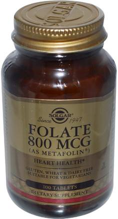 Folate, As Metafolin, 800 mcg, 100 Tablets by Solgar-Vitaminer, Folsyra, 5-Mthf Folat (5 Metyltetrahydrofolat)