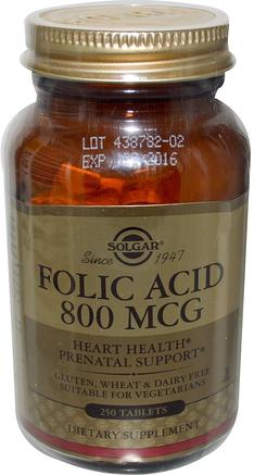 Folic Acid, 800 mcg, 250 Tablets by Solgar-Vitaminer, Vitamin B, Folsyra