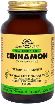 Full Potency Herbs, Cinnamon, 100 Vegetable Capsules by Solgar-Örter, Kanel Extrakt