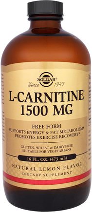 L-Carnitine, Natural Lemon Flavor, 1500 mg, 16 fl oz (473 ml) by Solgar-Kosttillskott, Aminosyror, L Karnitin, L Karnitinvätska