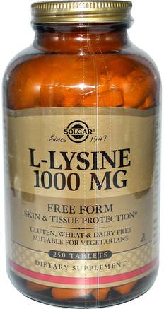 L-Lysine, Free Form, 1000 mg, 250 Tablets by Solgar-Kosttillskott, Aminosyror, L Lysin