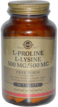 L-Proline/L-Lysine, Free Form, 500mg/500 mg, 90 Tablets by Solgar-Kosttillskott, Aminosyror, L Prolin
