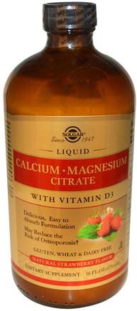 Calcium Magnesium Citrate, with Vitamin D3, Liquid, Natural Strawberry Flavor, 16 fl oz (473 ml) by Solgar-Kosttillskott, Mineraler, Kalcium