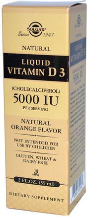 Liquid Vitamin D3, 5000 IU Per Serving, Natural Orange Flavor, 2 fl oz (59 ml) by Solgar-Vitaminer, Vitamin D3, Vitamin D3 Vätska
