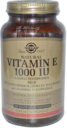 Natural Vitamin E, 1000 IU, d-Alpha Tocopherol & Mixed Tocopherols, 100 Vegetarian Softgels by Solgar-Vitaminer, Vitamin E, Vitamin E-Blandade Tokoferoler