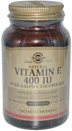 Natural Vitamin E, 400 IU, Pure d-Alpha Tocopherol, 100 Softgels by Solgar-Vitaminer, Vitamin E, Tillskott, Antioxidanter