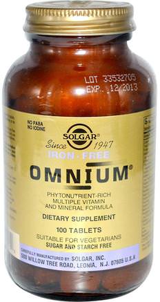 Omnium, Multiple Vitamin and Mineral Formula, Iron-Free, 100 Tablets by Solgar-Kosttillskott, Mineraler