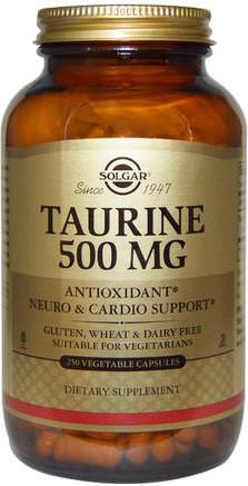 Taurine, 500 mg, 250 Vegetable Capsules by Solgar-Kosttillskott, Aminosyror, Taurin