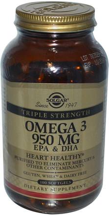 Triple Strength Omega-3, 950 mg, EPA & DHA, 100 Softgels by Solgar-Kosttillskott, Efa Omega 3 6 9 (Epa Dha), Omega 369 Caps / Tabs