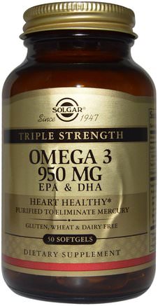 Triple Strength Omega-3, 950 mg, EPA & DHA, 50 Softgels by Solgar-Kosttillskott, Efa Omega 3 6 9 (Epa Dha), Omega 369 Caps / Tabs