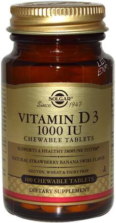 Vitamin D3, Natural Strawberry Banana Swirl Flavor, 1000 IU, 100 Chewable Tablets by Solgar-Vitaminer, Vitamin D3