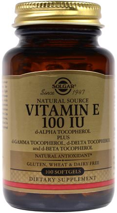 Natural Vitamin E, 100 IU, d-Alpha Tocopherol & Mixed Tocopherols, 100 Softgels by Solgar-Vitaminer, Vitamin E