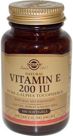 Natural Vitamin E, 200 IU, Pure d-Alpha Tocopherol, 100 Softgels by Solgar-Vitaminer, Vitamin E
