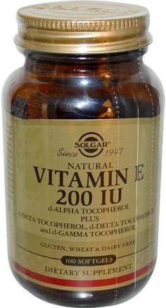 Natural Vitamin E, 200 IU, d-Alpha Tocopherol & Mixed Tocopherols, 100 Softgels by Solgar-Vitaminer, Vitamin E