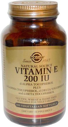 Natural Vitamin E, 200 IU, d-Alpha Tocopherol & Mixed Tocopherols, 100 Vegetarian Softgels by Solgar-Vitaminer, Vitamin E