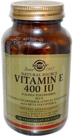 Natural Vitamin E, 400 IU, d-Alpha Tocopherol & Mixed Tocopherols, 100 Vegetarian Softgels by Solgar-Vitaminer, Vitamin E