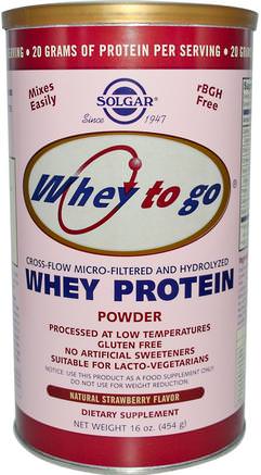 Whey To Go, Whey Protein Powder, Natural Strawberry Flavor, 16 oz (454 g) by Solgar-Kosttillskott, Vassleprotein