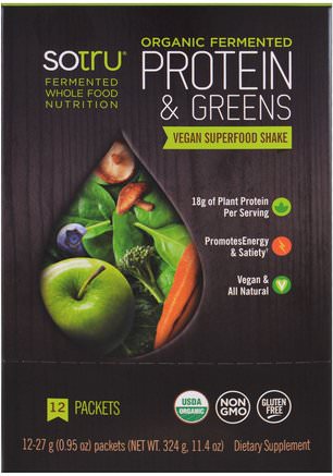 Organic Fermented Protein & Greens, Vegan Superfood Shake, 12 Packets, 0.95 oz (27 g) Each by SoTru-Kosttillskott, Superfoods, Protein