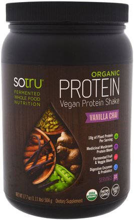 Organic Vegan Protein Shake, Vanilla Chai, 17.7 oz (504 g) by SoTru-Kosttillskott, Superfoods, Protein
