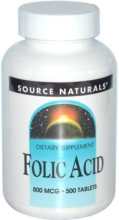 Folic Acid, 800 mcg, 500 Tablets by Source Naturals-Vitaminer, Vitamin B, Folsyra