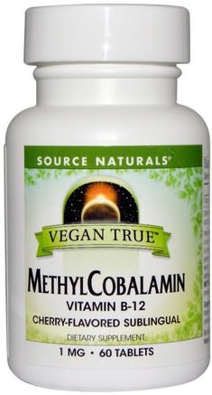 Vegan True, MethylCobalamin, Cherry Flavor, 1 mg, 60 Sublingual Tablets by Source Naturals-Vitaminer, Vitamin B, Vitamin B12, Vitamin B12 - Metylcobalamin