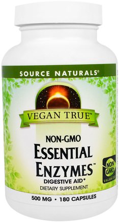 Vegan True, Non-GMO Essential Enzymes, 500 mg, 180 Capsules by Source Naturals-Kosttillskott, Enzymer, Matsmältningsenzymer