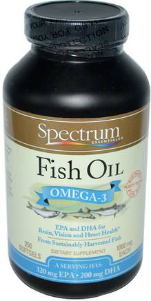 Fish Oil, Omega-3, 1000 mg, 250 Softgels by Spectrum Essentials-Kosttillskott, Efa Omega 3 6 9 (Epa Dha), Fiskolja, Mjölkgjorda Fiskoljor