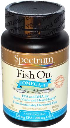 Fish Oil, Omega-3, 1000 mg, 100 Softgels by Spectrum Essentials-Kosttillskott, Efa Omega 3 6 9 (Epa Dha), Fiskolja, Mjölkgjorda Fiskoljor
