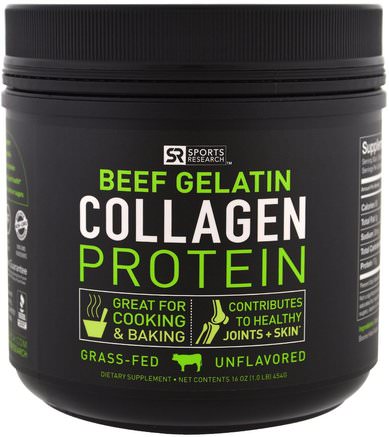 Beef Gelatin Collagen Protein, Unflavored, 16 oz (454 g) by Sports Research-Sport, Sport