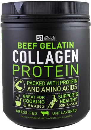 Beef Gelatin Collagen Protein, Unflavored, 32 oz (907 g) by Sports Research-Hälsa, Ben, Osteoporos, Kollagen