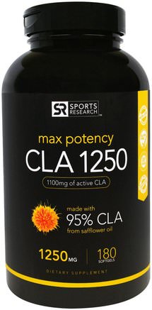 CLA 1250, Max Potency, 1250 mg, 180 Softgels by Sports Research-Viktminskning, Kost, Cla (Konjugerad Linolsyra), Hälsa