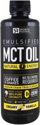 Emulsified, MCT Oil, Creamy Vanilla, 16 fl oz (473 ml) by Sports Research-Mat, Keto Vänlig, Energi, Mct Olja