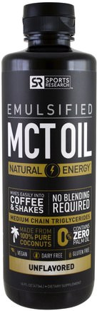 Emulsified, MCT Oil, Unflavored, 16 fl oz (473 ml) by Sports Research-Mat, Keto Vänlig, Energi, Mct Olja