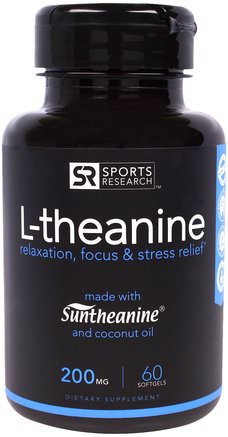 L-theanine, 200 mg, 60 Softgels by Sports Research-Kosttillskott, L Theanin, Anti Stress Stämning Stöd