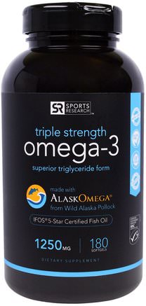 Omega-3, Triple Strength, 1250 mg, 180 Softgels by Sports Research-Kosttillskott, Efa Omega 3 6 9 (Epa Dha), Omega 369 Caps / Tabs