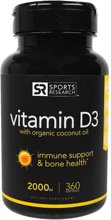 Vitamin D3 With Organic Coconut Oil, 2000 IU, 360 Softgels by Sports Research-Vitaminer, Vitamin D3