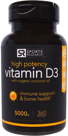 Vitamin D3 With Organic Coconut Oil, 5000 IU, 360 Softgels by Sports Research-Sverige