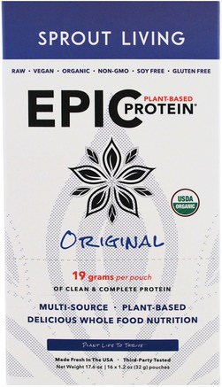 Epic Plant-Based Protein, Original, 16 Pouches, 1.2 oz (32 g) Each by Sprout Living-Kosttillskott, Protein