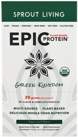 Organic Epic Plant-Based Protein, Green Kingdom, 16 Pouches, 1.2 oz (32 g) Each by Sprout Living-Kosttillskott, Protein