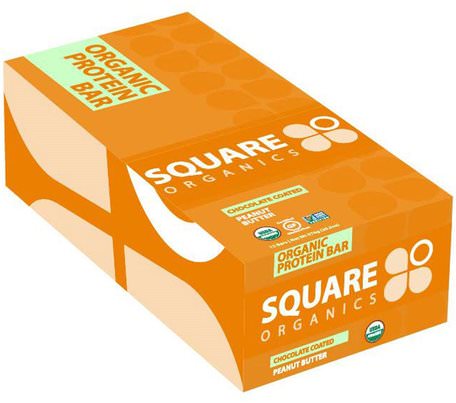 Organic Protein Bar, Chocolate Coated Peanut Butter, 12 Bars, 1.7 oz (48 g) Each by Square Organics-Sport, Protein Barer