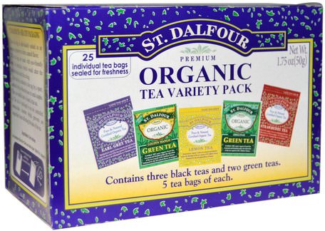 Organic Tea Variety Pack, 25 Tea Bags, 1.75 oz (50 g) by St. Dalfour-Kosttillskott, Antioxidanter, Grönt Te, Mat, Örtte