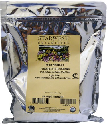 Fenugreek Seed Organic 1 lb (453.6 g) by Starwest Botanicals-Hälsa, Blodsocker, Fenugreek, Mat, Kryddor Och Kryddor