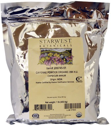 Organic Cayenne Powder 35K H.U., 1 lb (453.6 g) by Starwest Botanicals-Örter, Cayennepeppar (Capsicum), Kryddor Och Kryddor
