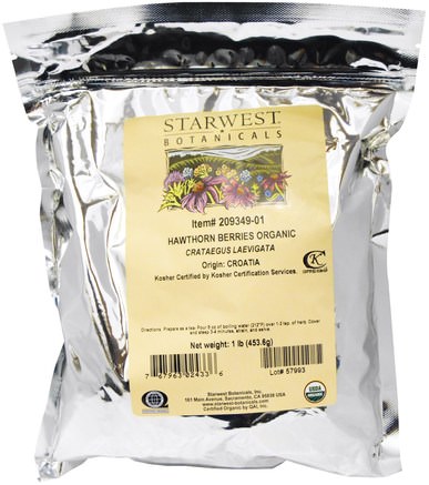 Organic Hawthorn Berries, 1 lb (453.6 g) by Starwest Botanicals-Örter, Hagtorn