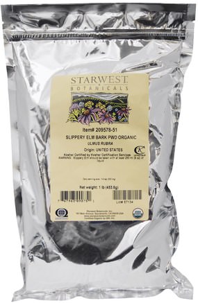 Organic Slippery Elm Bark Powder, 1 lb (453.6 g) by Starwest Botanicals-Örter, Hala Elm